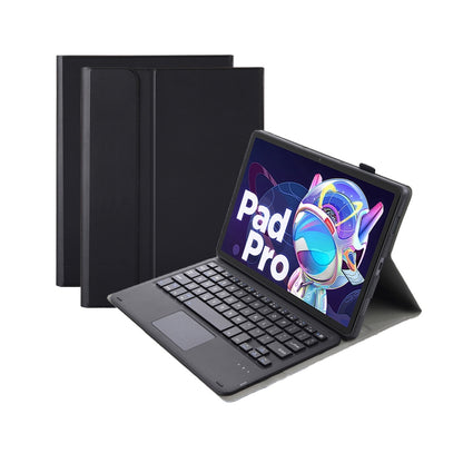 Black leather keyboard case with touchpad, foldable stand, and built-in Bluetooth keyboard