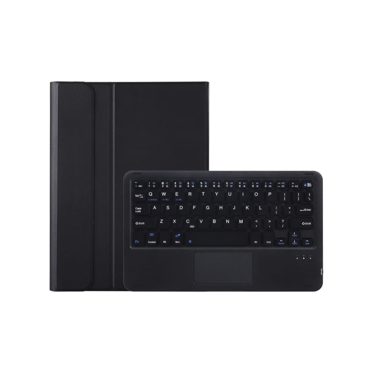 Black leather keyboard case with touchpad, showing keyboard and trackpad on tablet