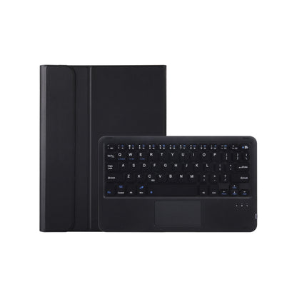 Black leather keyboard case with touchpad, showing keyboard and trackpad on tablet