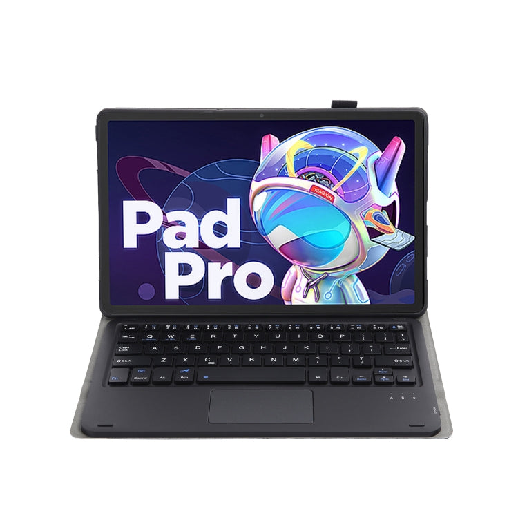 Black leather keyboard case with built-in Bluetooth keyboard and touchpad, open