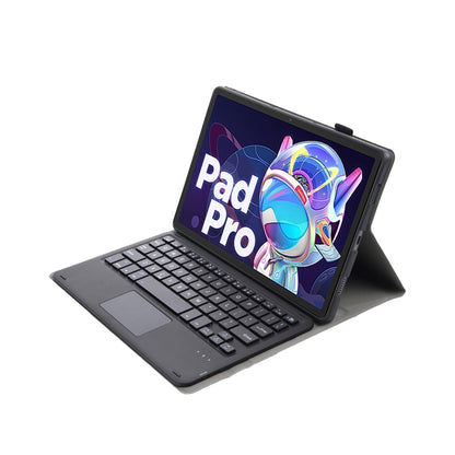 Black leather keyboard case with Bluetooth keyboard and touchpad, tablet propped up