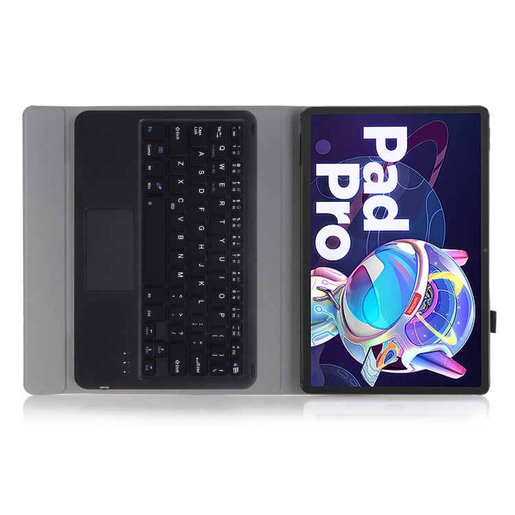 Gray leather keyboard case with built-in Bluetooth keyboard and touchpad, tablet attached