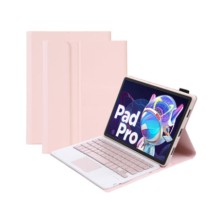 Pink leather keyboard case with touchpad and Bluetooth keyboard, tablet propped open