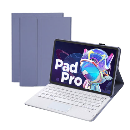 Blue leather keyboard case with touchpad and Bluetooth keyboard, tablet on folding stand
