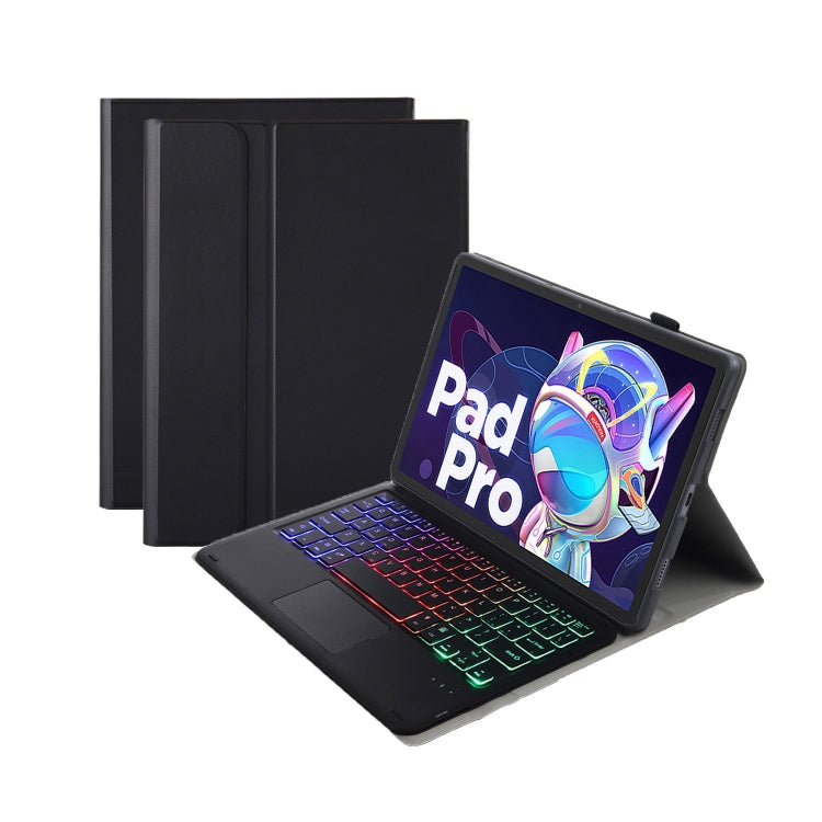 Black Bluetooth keyboard leather case with touchpad, tri-color backlit keys