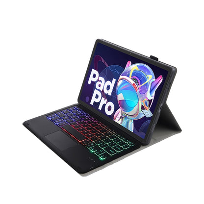 Black Bluetooth keyboard leather case with touchpad, tri-color backlit keys in stand
