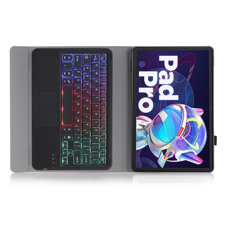 Dark Bluetooth keyboard leather case with touchpad, rainbow backlit keyboard view