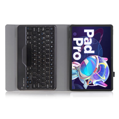 Gray leather-style Bluetooth keyboard case with open cover and full keyboard