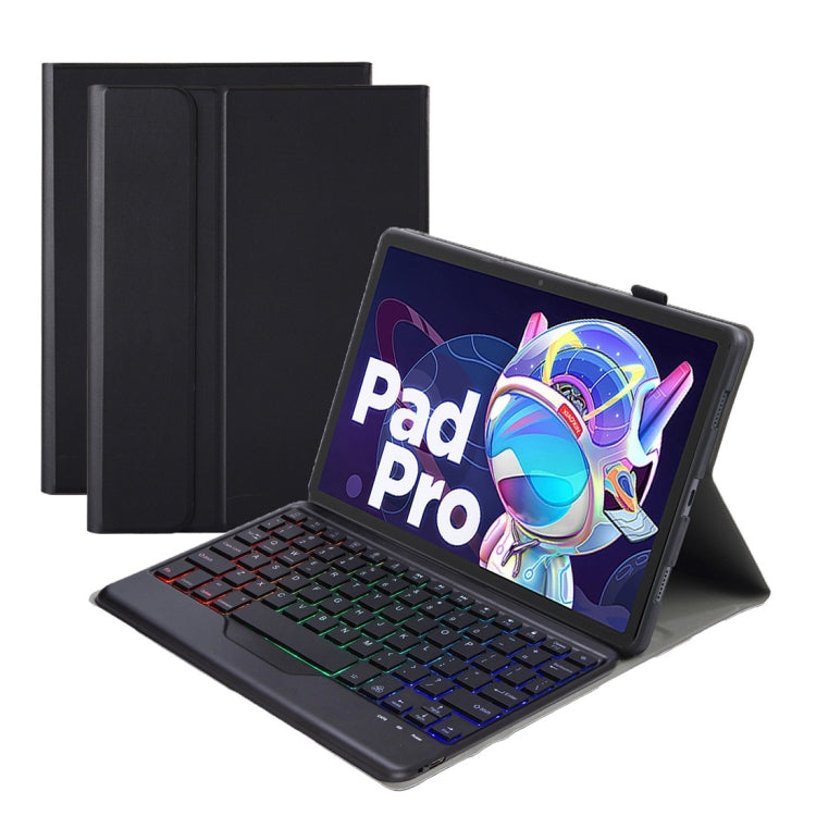 Black Bluetooth keyboard leather case with RGB backlit keys and tablet stand