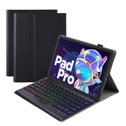 Black Bluetooth keyboard leather case with RGB backlit keys and tablet stand