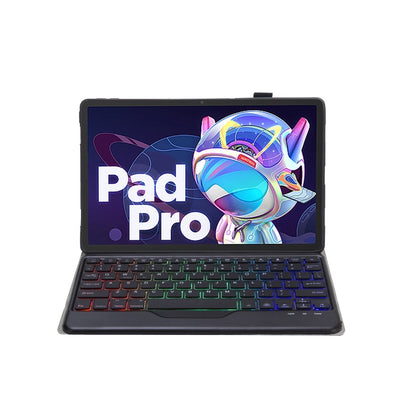 Black Bluetooth keyboard leather case with RGB backlit keyboard and kickstand