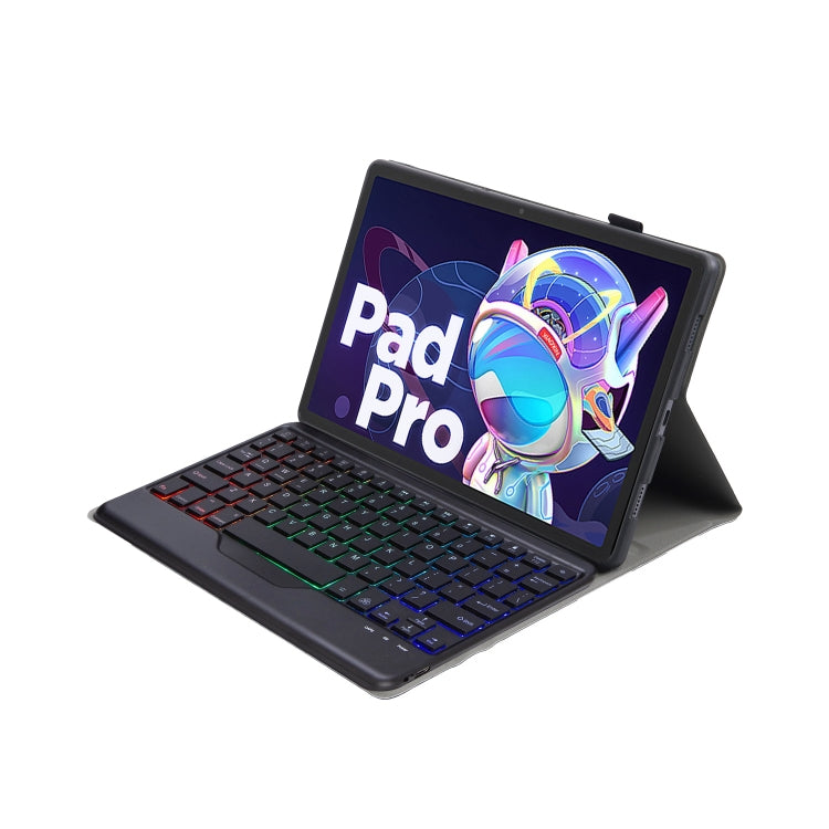 Black Bluetooth keyboard leather case with RGB backlit keys in tablet cover