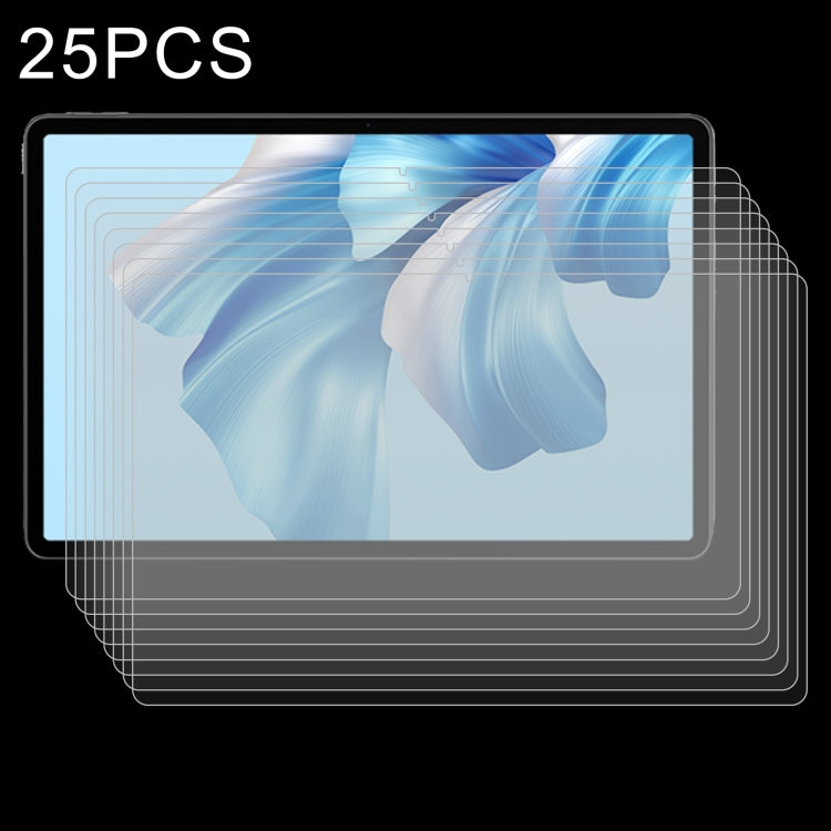 Pack of 25 tempered glass screen protector films for tablets, stacked view.