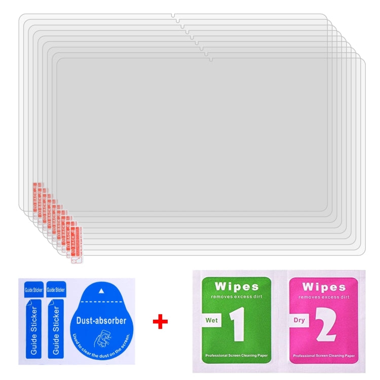 Set of 25 clear screen protector films with included dust and wipe stickers.