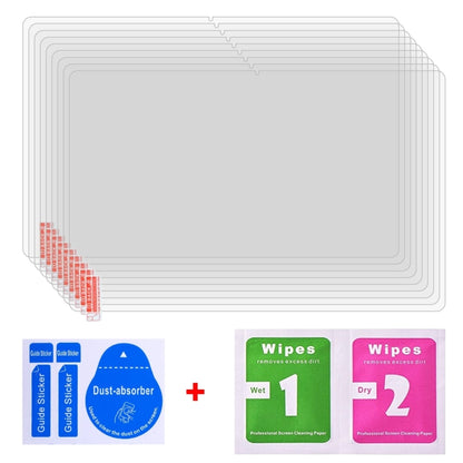 Set of 25 clear screen protector films with included dust and wipe stickers.