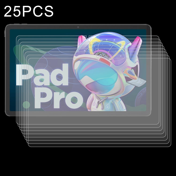 Set of 25 tablet tempered glass screen protector films, front overlay view.