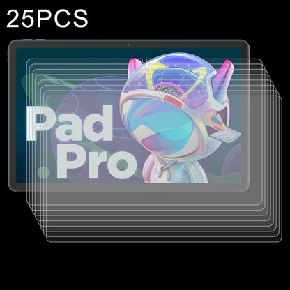 Set of 25 tablet tempered glass screen protector films, front overlay view.