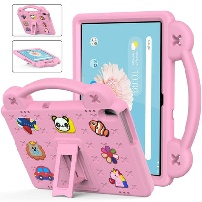 Pink kids tablet case with handle, kickstand, and cartoon animal pattern for protection