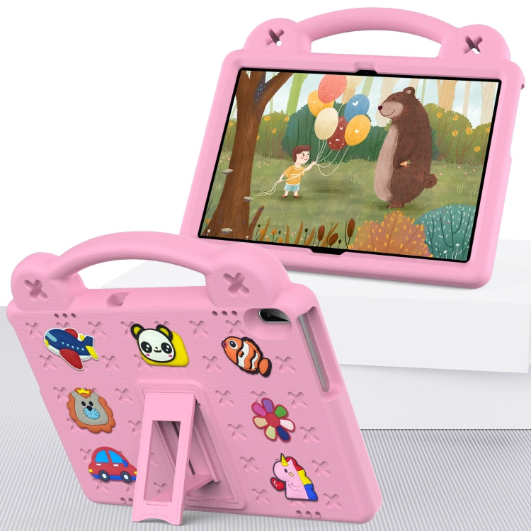 Pink kids tablet case with kickstand and built-in handle, showing the tablet screen