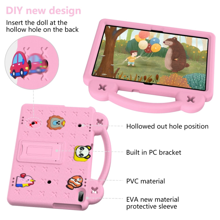 Pink kids tablet case with kickstand and back access cutouts, built-in support bracket