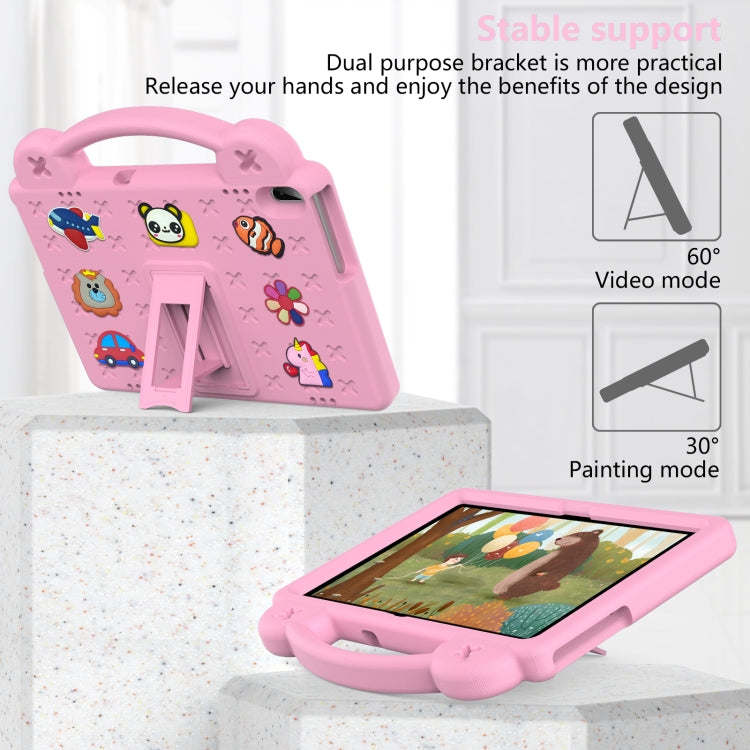Pink kids tablet case with dual-purpose kickstand and carrying handle for tablet support
