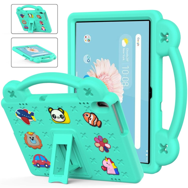Mint green kids tablet case with handle, kickstand, and cartoon animal pattern for protection