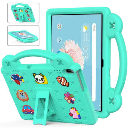 Mint green kids tablet case with handle, kickstand, and cartoon animal pattern for protection
