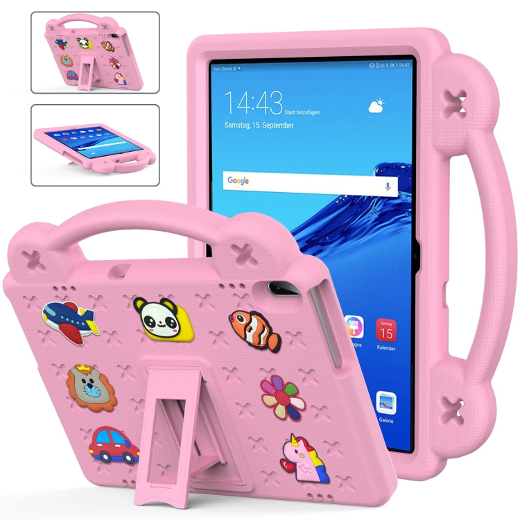 Pink kids tablet case with handle, kickstand, and cartoon design, tablet screen visible