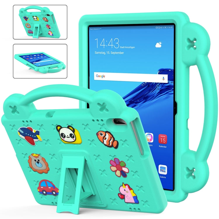 Mint green kids tablet case with handle and kickstand, tablet screen visible
