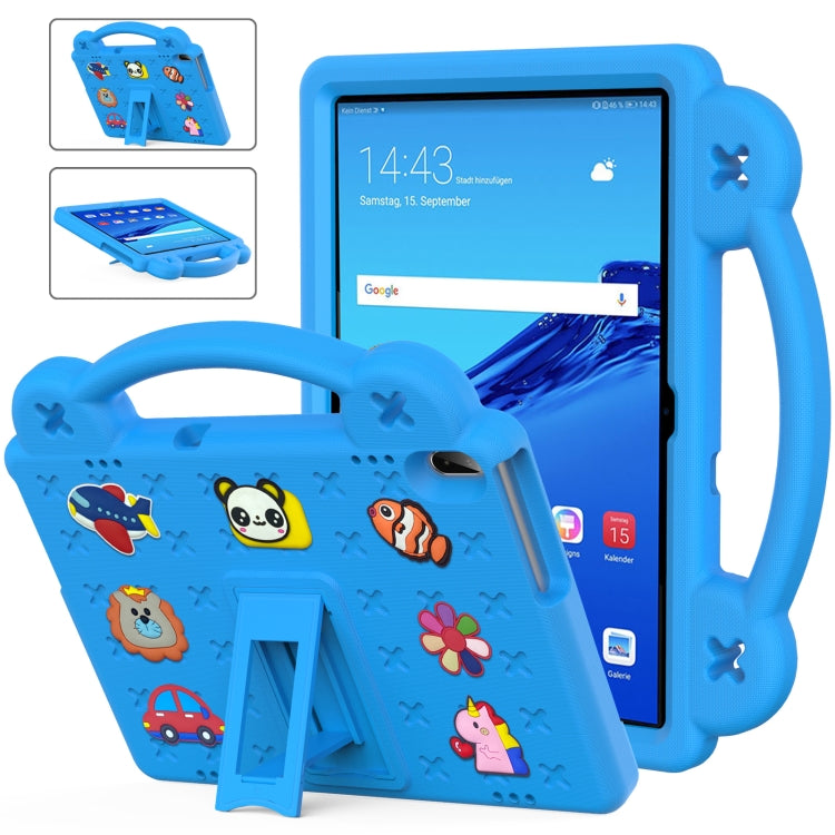 Children's EVA tablet case with kickstand, blue, colorful cartoon design, tablet shown
