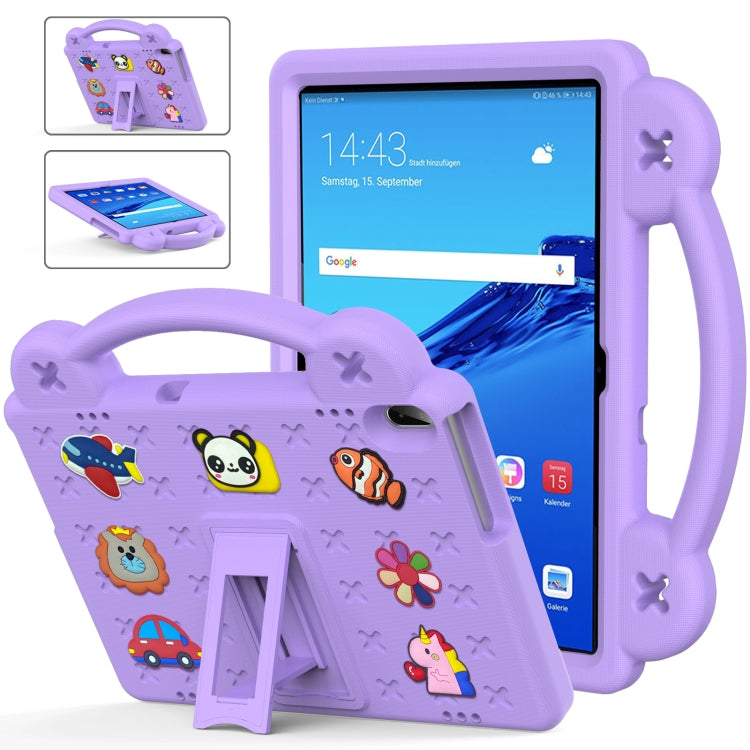 Children's EVA tablet case with kickstand, light purple, colorful cartoon design, tablet shown