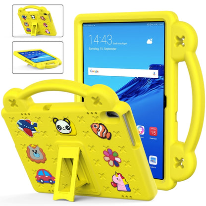 Children's EVA tablet case with kickstand, yellow, colorful cartoon design, tablet shown