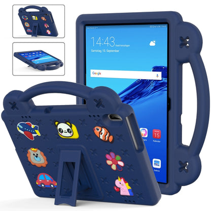 Children's EVA tablet case with kickstand, dark blue, colorful cartoon design, tablet shown