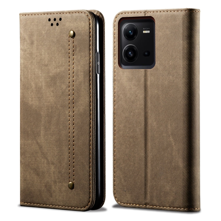 Khaki denim-texture leather phone case with flip cover and camera cutout