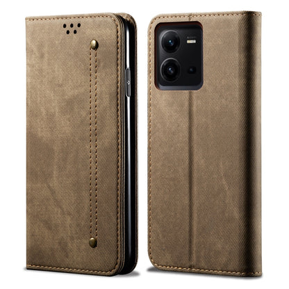 Khaki denim-texture leather phone case with flip cover and camera cutout