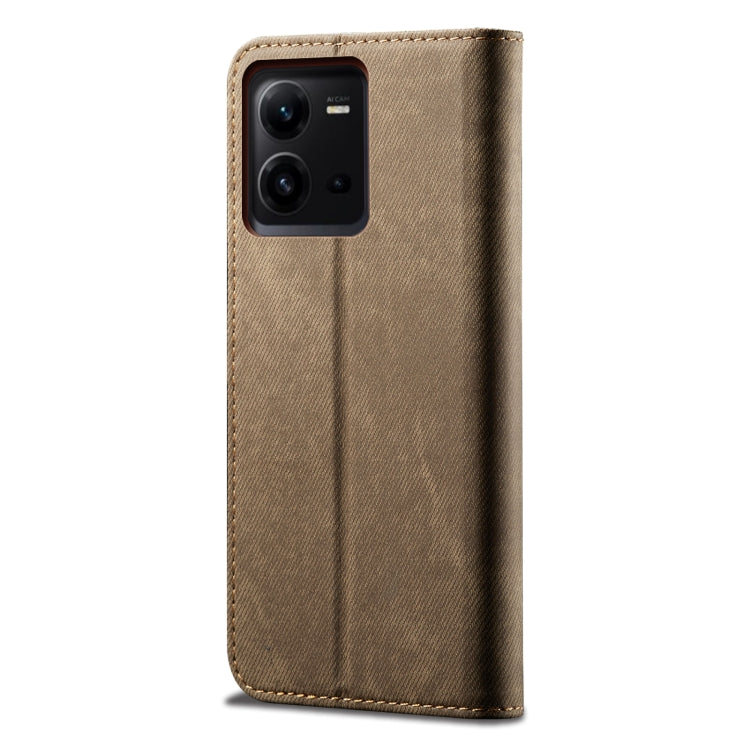 Khaki denim-texture leather phone case with camera cutout and stitched edge