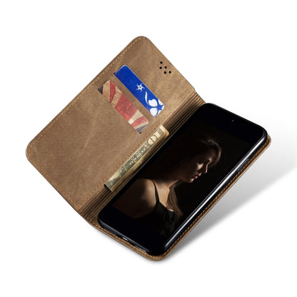 Khaki denim-texture leather phone case with card slot and fold-over cover
