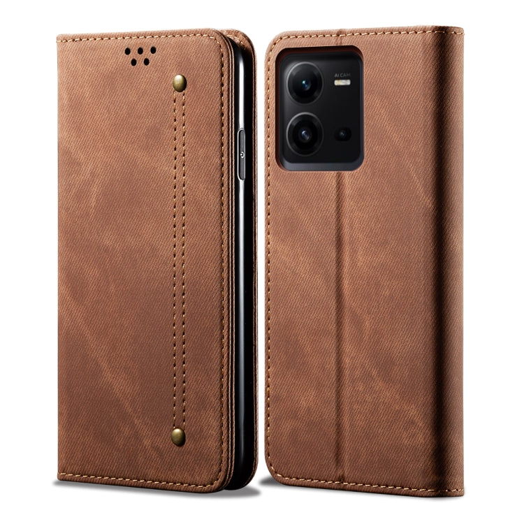 Brown denim-texture leather phone case with flip cover and camera cutout