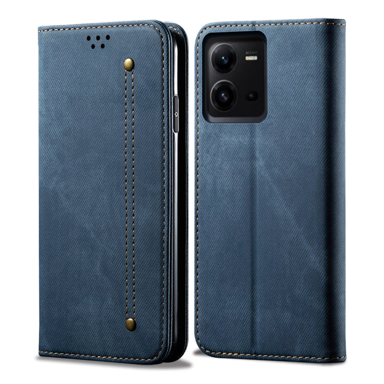 Blue denim-texture leather phone case with flip cover and camera cutout