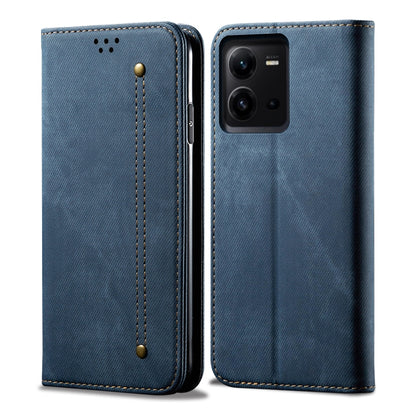 Blue denim-texture leather phone case with flip cover and camera cutout