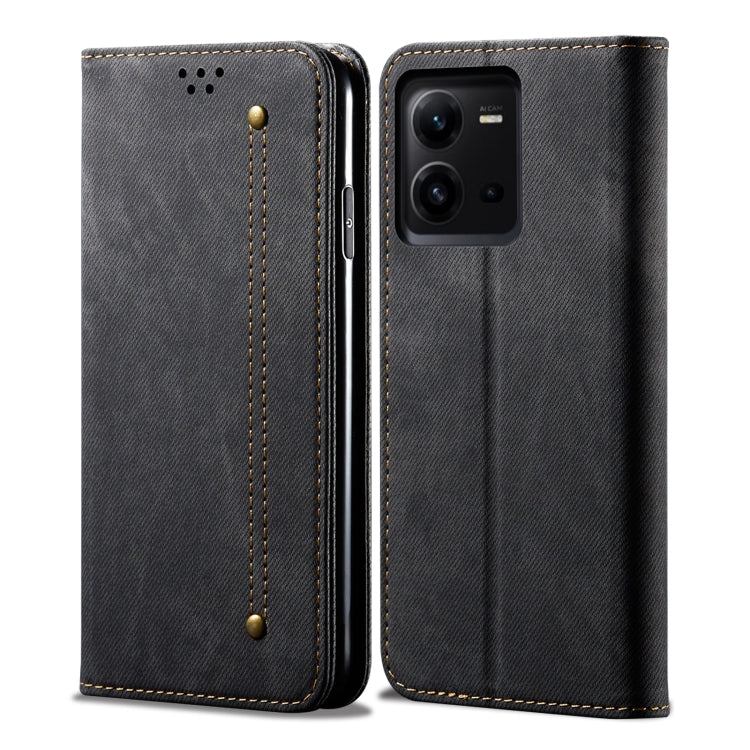 Denim-textured leather folio phone case, dark gray, stitched trim, camera cutout