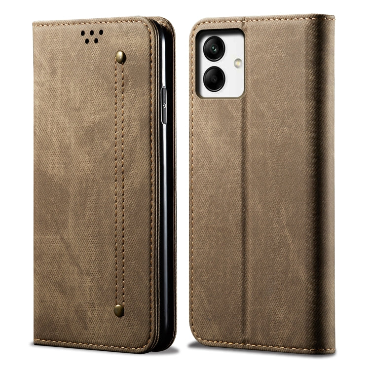 Khaki denim-texture leather phone case set, front and back views