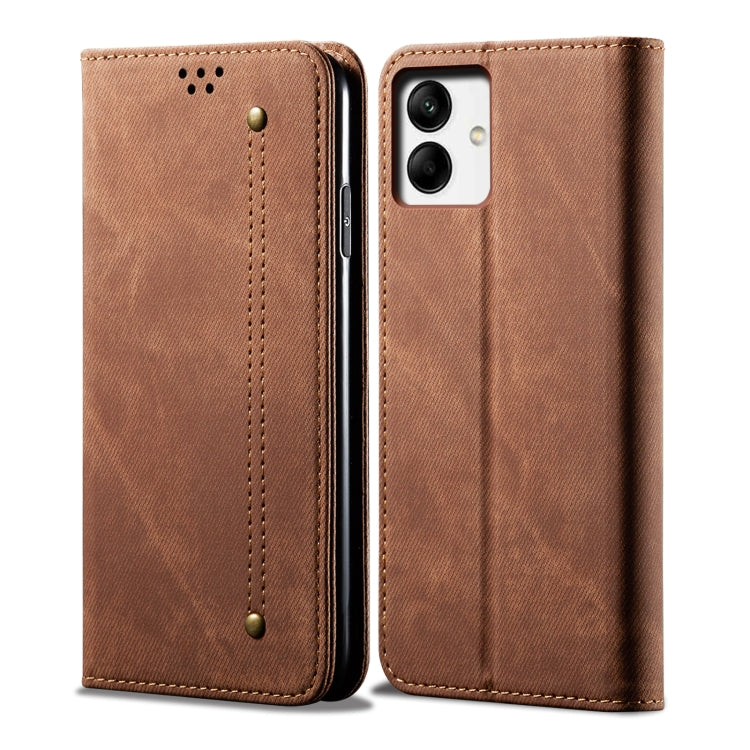 Brown denim-texture leather phone case with front strap button and cutouts