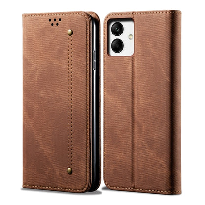 Brown denim-texture leather phone case with front strap button and cutouts