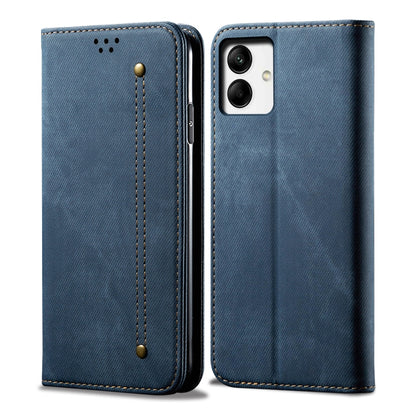 Denim-textured leather folio phone case, blue, stitched trim, camera cutout