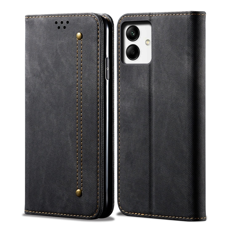 Denim-textured leather folio phone case, charcoal, stitched trim, dual camera cutout