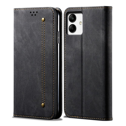 Denim-textured leather folio phone case, charcoal, stitched trim, dual camera cutout