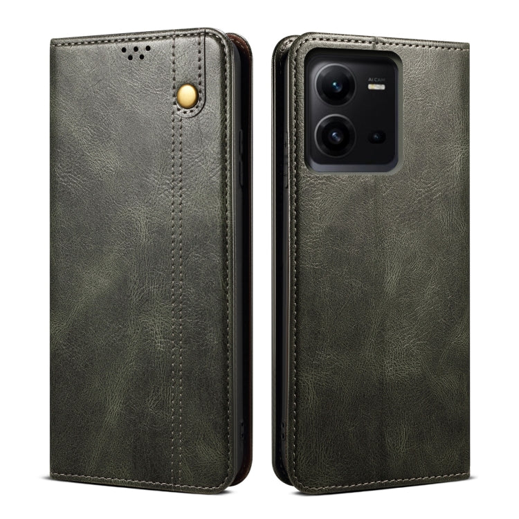 Dark green leather phone case with stitched front and camera cutout, flip cover