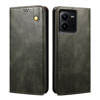 Dark green leather phone case with stitched front and camera cutout, flip cover