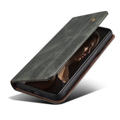 Dark green leather flip phone case with front viewing opening and side protection